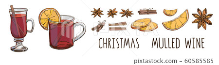 Mulled wine with spices and orange slices. Set of colorful vector images and modern lettering isolated on white. Winter time. Popular Christmas drink. Clip art for winter holidays menu, poster 60585585