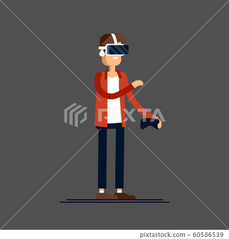 Cool vector concept on virtual reality headset in use. Guy experiences full immersion into virtual reality trying to touch non-physical object. Man character enjoying VR device. 60586539