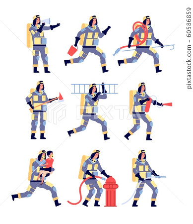 Fireman. Firefighter characters saving people, rescue equipment. Firefighters in helmet with extinguisher, firehose cartoon vector set Fireman. Firefighter characters saving people, rescue equipment. Firefighters in helmet with extinguisher, firehose cartoon vector set 60586859