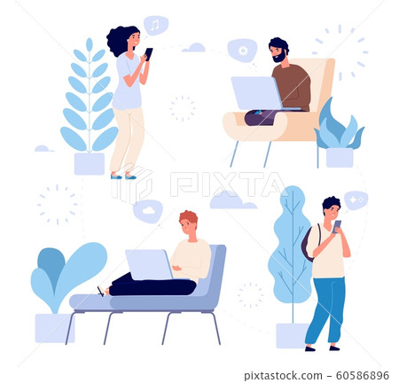 People communication. Internet chat vector illustration. Young men and women with gadgets laptops smartphones. Social media, messages, web surfing People communication. Internet chat vector illustration. Young men and women with gadgets laptops smartphones. Social media, messages, web surfing 60586896