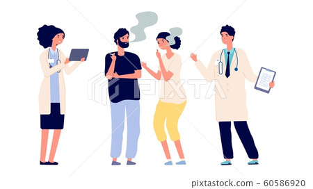 Doctors and smokers. Drug addiction. Vector male female characters. Doctors offer help get rid of addiction 60586920