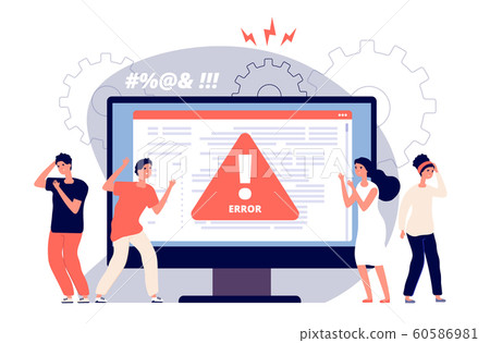 Computer error. Warnings unavailable page users, attention symbol alerts of problem, angry clients near monitor device, vector concept Computer error. Warnings unavailable page users, attention symbol alerts of problem, angry clients near monitor device, vector concept 60586981
