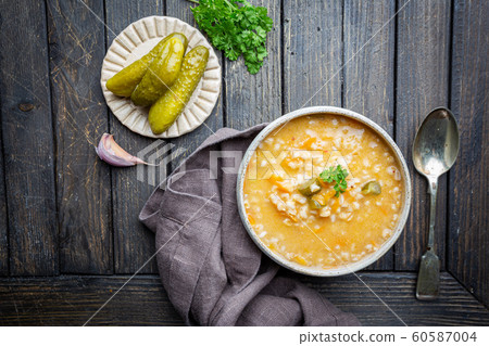 Soup with pickled cucumbers Soup with pickled cucumbers 60587004