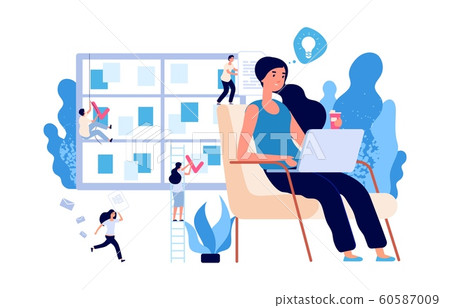 Businesswoman working. Self management, brainstorm vector concept. Business environment with flat tiny people characters 60587009