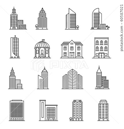 Line buildings. Urban architecture, skyscrapers. Hotel, university and bank, city library line art downtown building icons vector set 60587021