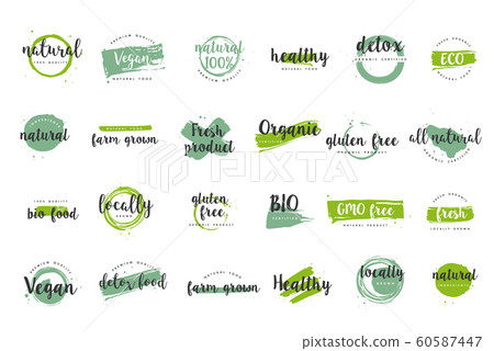 Organic food, farm fresh and natural product icons and elements collection for food market, ecommerce, organic products promotion, healthy life and premium quality food and drink. Organic food, farm fresh and natural product icons and elements collection for food market, ecommerce, organic products promotion, healthy life and premium quality food and drink. 60587447