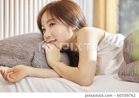 Young woman, morning, weather, bed, bedroom, room, house Young woman, morning, weather, bed, bedroom, room, house 60589762