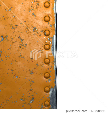 Rusty metal strip with rivets on the left against isolated on white background 3d Rusty metal strip with rivets on the left against isolated on white background 3d 60590498