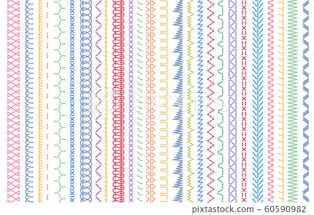 Sewing seams patterns. Embroidery craft sew pattern, fashion seam brush and colorful stitches stitched fabric vector illustration set Sewing seams patterns. Embroidery craft sew pattern, fashion seam brush and colorful stitches stitched fabric vector illustration set 60590982