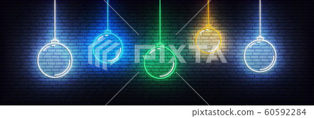 Christmas ball neon background. Set of realistic colorful Xmas glowing decorations 60592284