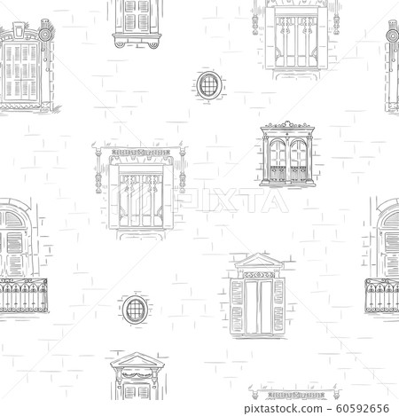 Outline hand drawn windows pattern background. Vintage architecture wallpaper 60592656