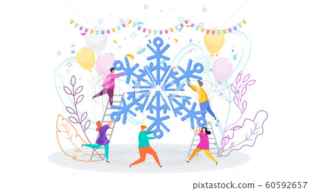 Tiny people hold huge Snowflake. Christmas and New Year greating card. 60592657