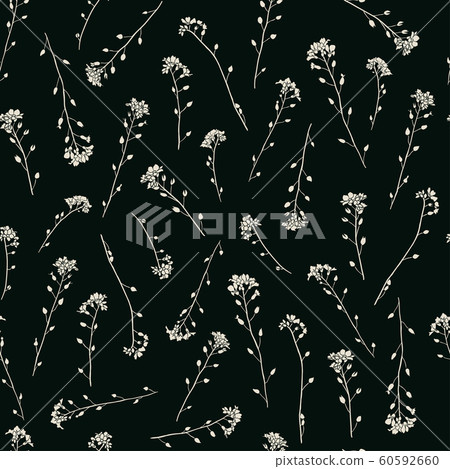 Silhouettes of delicate forget-me-nots flowers seamless pattern background light beige on black 60592660