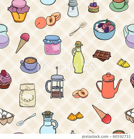 Cooking bakery, sweets, breakfast tea and coffe seamless background. Vector illustration tasty food Cooking bakery, sweets, breakfast tea and coffe seamless background. Vector illustration tasty food 60592731
