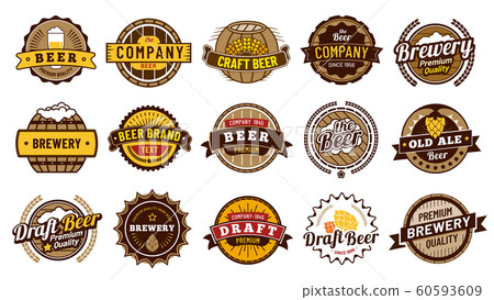 Beer label badges. Retro beers brewery, lager bottle badge and vintage beer emblem isolated vector illustration set Beer label badges. Retro beers brewery, lager bottle badge and vintage beer emblem isolated vector illustration set 60593609