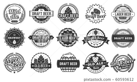 Brewery beer badges. Craft beers emblems, hop lager and pub hops badge isolated vector illustration set 60593612