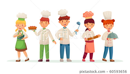 Young chefs. Happy children cooks, kids cooking and baking in chef costume cartoon vector illustration 60593656