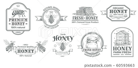 Honey farm badge. Beekeeping logo, retro bee badges and vintage hand drawn mead label vector illustration set 60593663