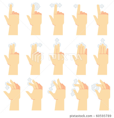 Touch screen gestures. Finger tap, swipe gesture and hand touched smartphone screens. Touch UI cartoon vector icons set Touch screen gestures. Finger tap, swipe gesture and hand touched smartphone screens. Touch UI cartoon vector icons set 60593789