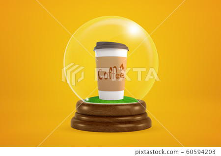 3d rendering of white and brown coffee paper cup inside glass ball globe on amber background. 60594203