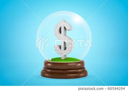 3d rendering of scuffed gray stone dollar symbol inside glass ball globe on light blue background. 60594204