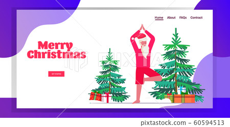santa claus doing yoga exercises bearded man standing in tree position training workout concept christmas new year holidays celebration horizontal copy space greeting card full length 60594513