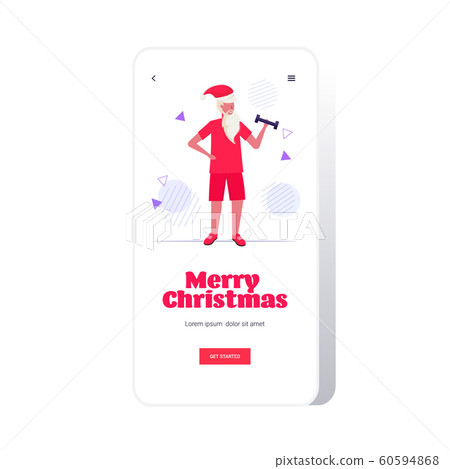 santa claus exercising with dumbbells lifting weights bearded man training workout concept christmas new year holidays celebration smartphone screen online mobile app full length 60594868