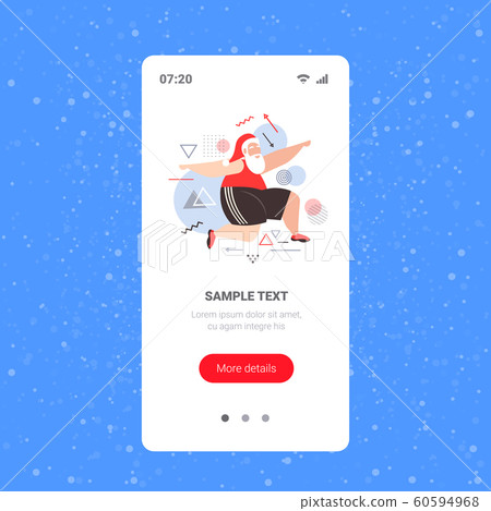 fat santa claus doing squat exercises overweight bearded man training workout weight loss concept christmas new year holidays celebration smartphone screen online mobile app full length 60594968