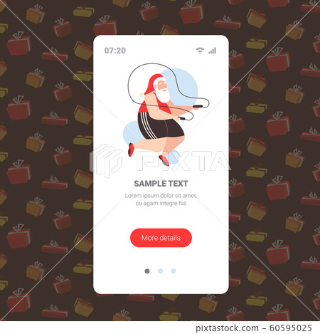 fat santa claus doing exercises with jumping rope overweight bearded man training workout weight loss concept christmas new year holidays celebration smartphone screen online mobile app 60595025