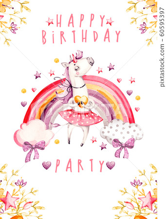 Isolated cute watercolor unicorn Birthday invitation card. Nursery unicorns and rainbow illustration. Princess unicorns poster. 60595397