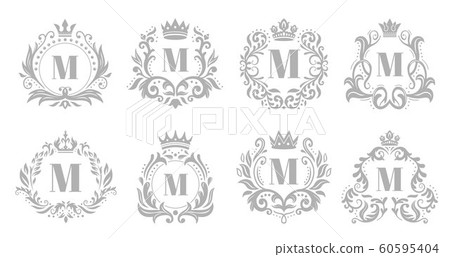 Vintage monogram emblem. Luxury ornate silver logo, heraldic monograms and old king royal crown emblems vector illustration set Vintage monogram emblem. Luxury ornate silver logo, heraldic monograms and old king royal crown emblems vector illustration set 60595404