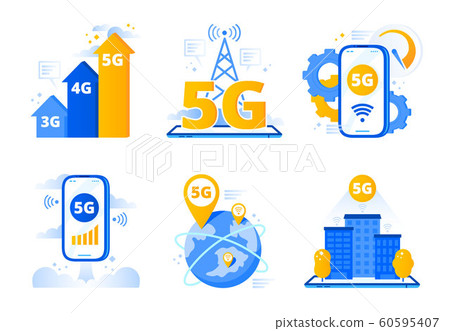 Mobile 5G network. City fast internet hotspot, wireless telecommunications and fifth generation networks vector illustration set 60595407