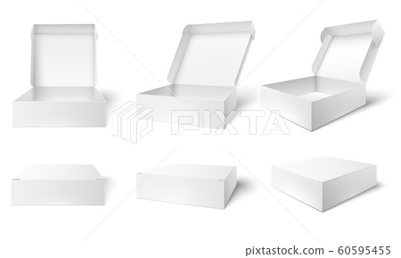 Open packaging box. Blank package boxes, opened and closed white packages mockup 3d vector illustration set 60595455