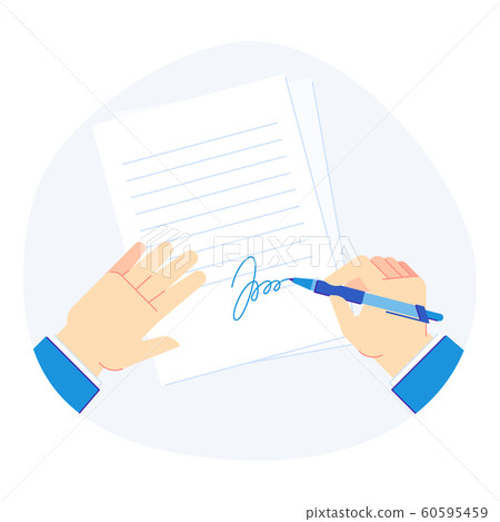 Signing document. Pen in businessman hand, clipboard folder with business documents and signed paper vector illustration 60595459