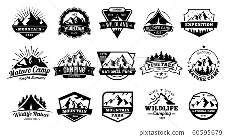 Outdoors nature badges. Adventure emblem, vintage wilderness label and outdooring camping badge vector illustration set Outdoors nature badges. Adventure emblem, vintage wilderness label and outdooring camping badge vector illustration set 60595679