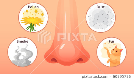Allergic sickness. Red nose, allergy illnesses symptoms and allergens. Smoke, pollen and dust allergies cartoon vector illustration 60595756