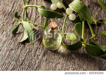 A bottle of essential oil with mistletoe twigs A bottle of essential oil with mistletoe twigs 60595894