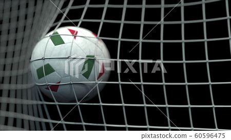 Ball with flags of Hungary hits goal. 3D rendering 60596475