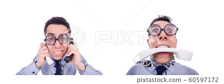 Crazy man with phone on white Crazy man with phone on white 60597172