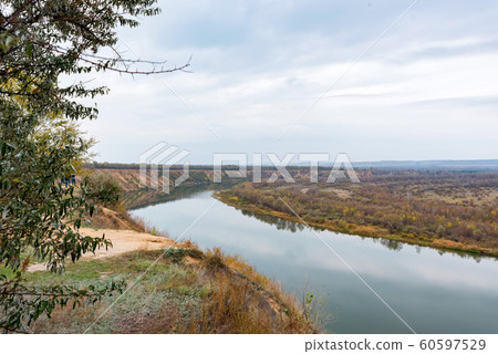 Landscape view of steppe and calm river Don in Russia in autumn Landscape view of steppe and calm river Don in Russia in autumn 60597529