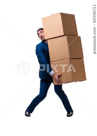 Young male employee with boxes isolated on white Young male employee with boxes isolated on white 60598151