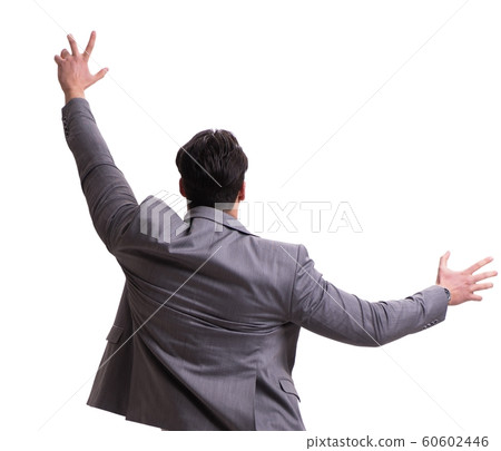 Businessman climbing virtual obstacle isolated on white 60602446