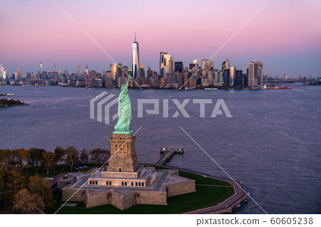 New York Manhattan and Statue of Liberty Aerial 60605238
