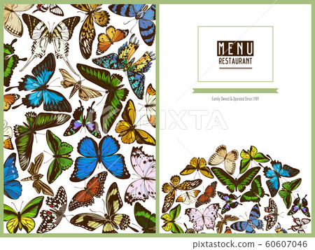 Menu cover design with colored papilio ulysses, morpho menelaus, graphium androcles, morpho rhetenor cacica, papilio demoleus, cethosia biblis, papilio antimachus, alcides agathyrsus, ornithoptera 60607046