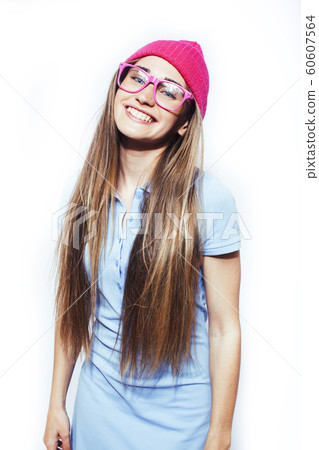 young pretty teenage modern hipster girl posing emotional happy isolated on white background, wearing pink hat and glasses, lifestyle people concept 60607564