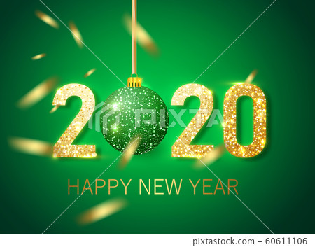 Happy new year 2020 banner.Golden green Vector luxury text 2020 Happy new year. Gold Festive Numbers Design. 60611106
