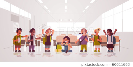 schoolboy being bullied sitting on floor surrounded by classmates mix race schoolchildren taking photo mocking boy peer violence and bullying concept classroom interior flat full length horizontal 60611663