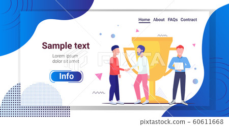 businesspeople shaking hands partners standing near golden trophy cup first place championship successful corporate business strategy concept sketch full length horizontal copy space 60611668