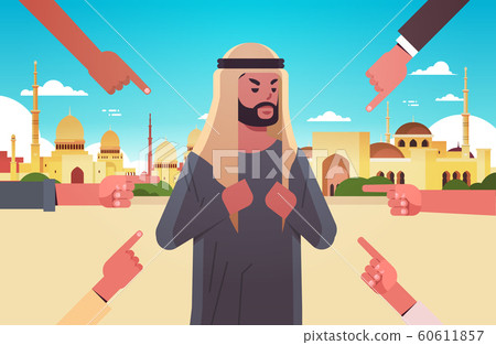 depressed arab man being bullied surrounded by hands fingers mocking him peer violence bullying social anxiety concept muslim cityscape background flat portrait horizontal 60611857