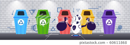 modern robot putting garbage bags in different types of recycling bins segregate waste sorting management artificial intelligence concept sketch horizontal full length 60611868